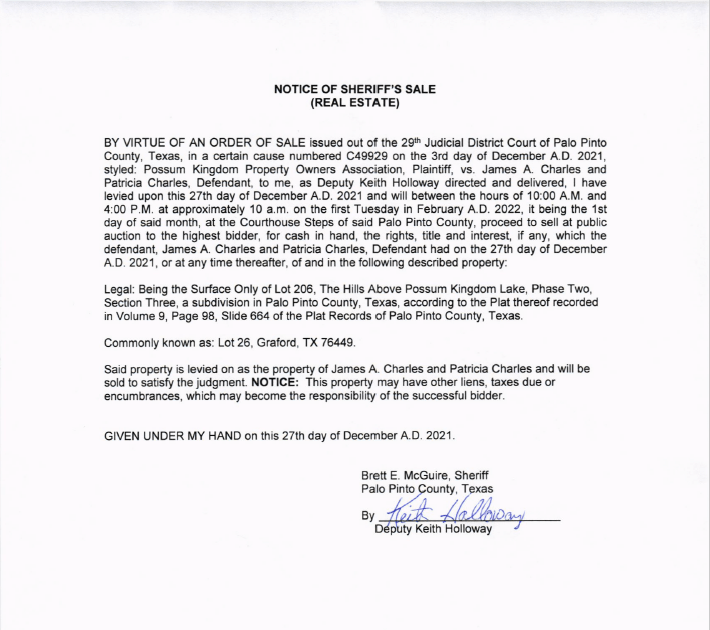 Sheriff’s Sale Palo Pinto County Sheriff's Department