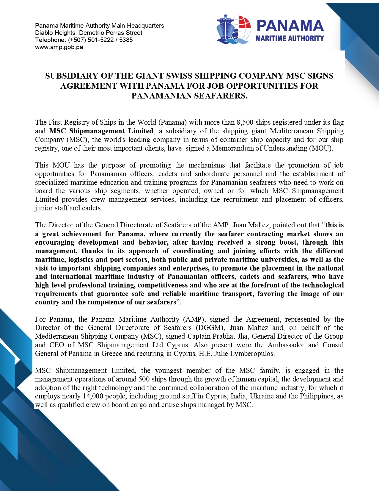 Panama Maritime Authority signs important MoU with MSC Cyprus for