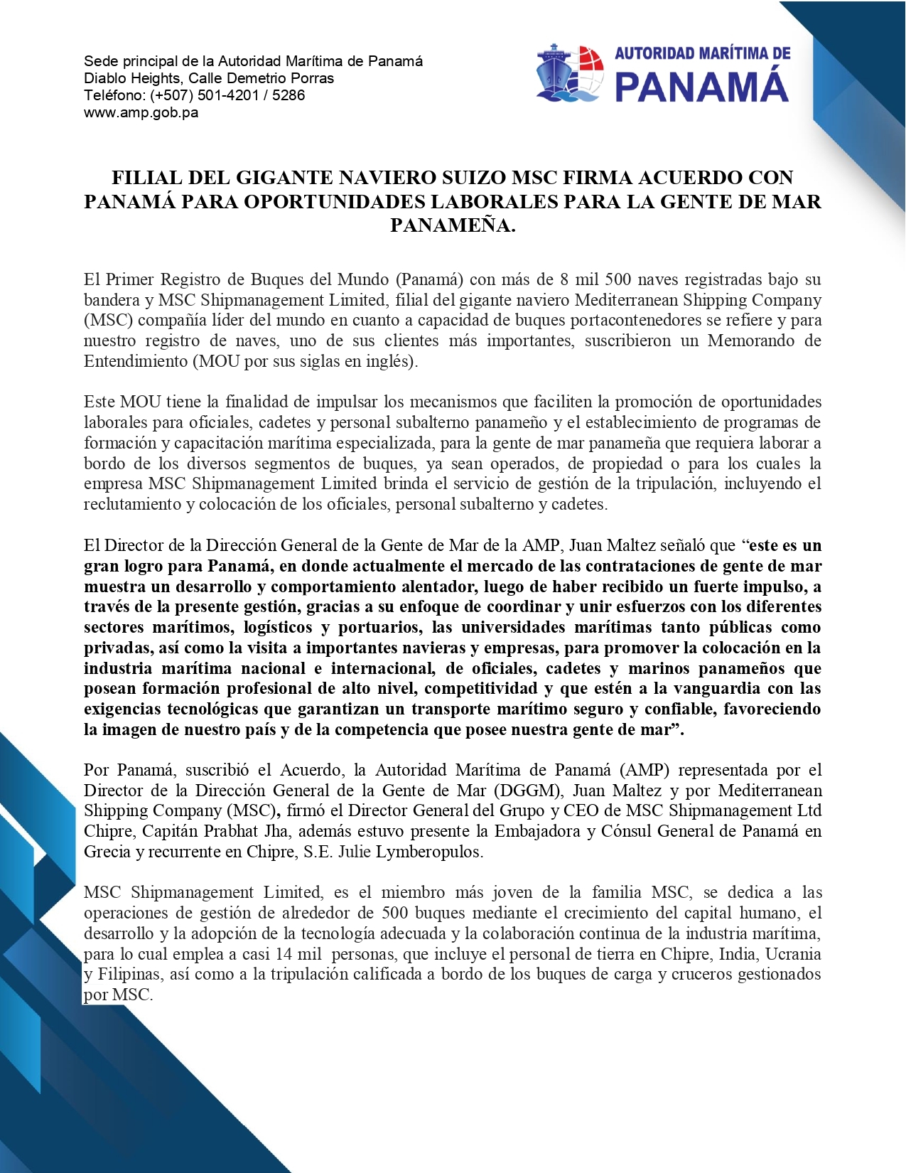 Panama Maritime Authority signs important MoU with MSC Cyprus for