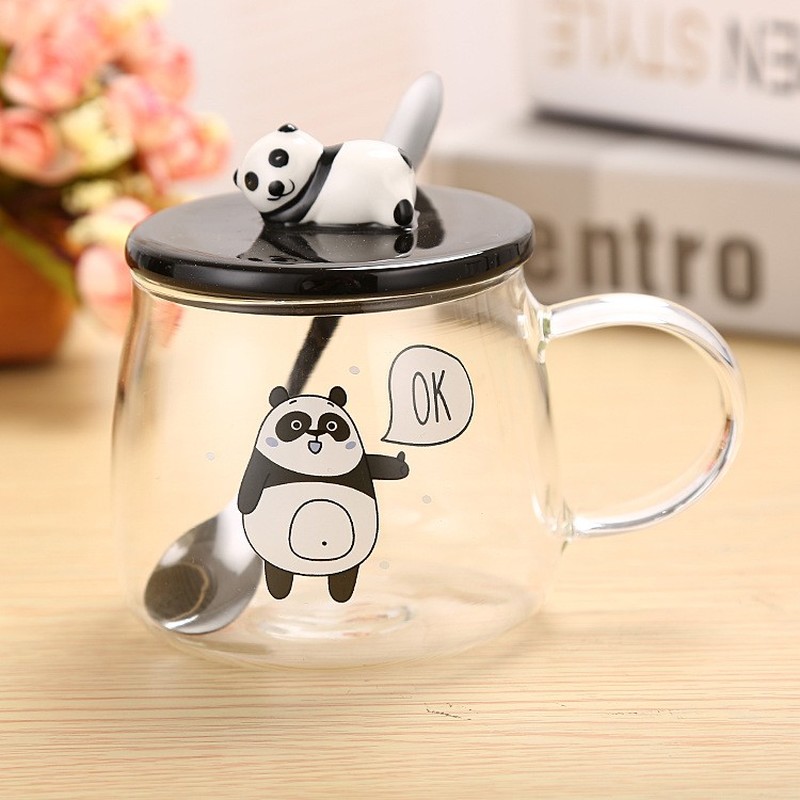 Panda Cup, Cute Glass Panda Teacups, Panda Glass Coffee Cups with Lid