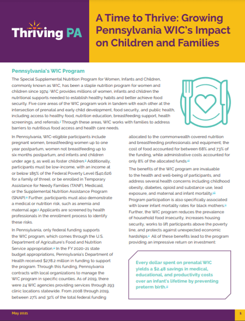 Policy Brief A Time to Thrive Growing Pennsylvania WIC’s Impact on