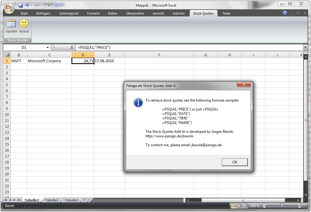 Stock Quote AddIn For Excel 2010 and 2007