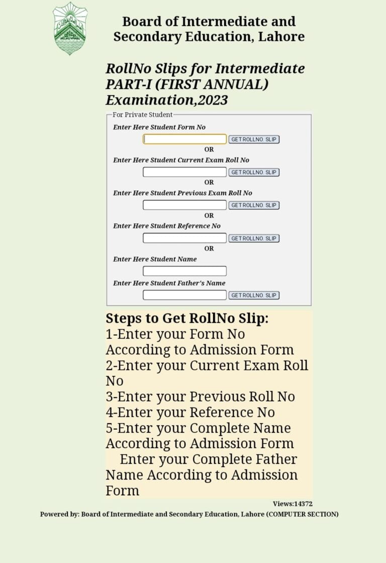 BISE Lahore Roll No. Slips for Intermediate Part I First Annual