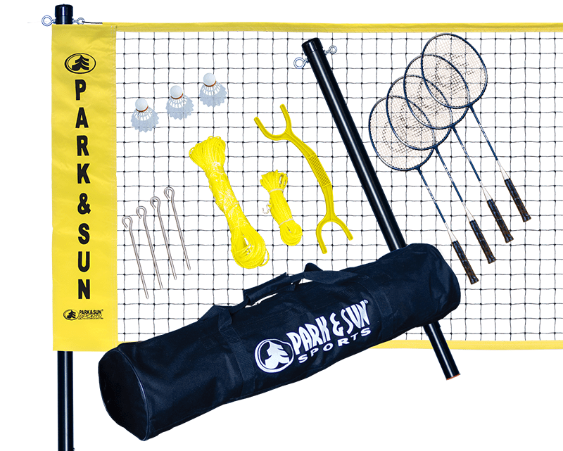 A quality tournament badminton set with 3 piece, telescopic aluminum poles, 21’ sleeve net