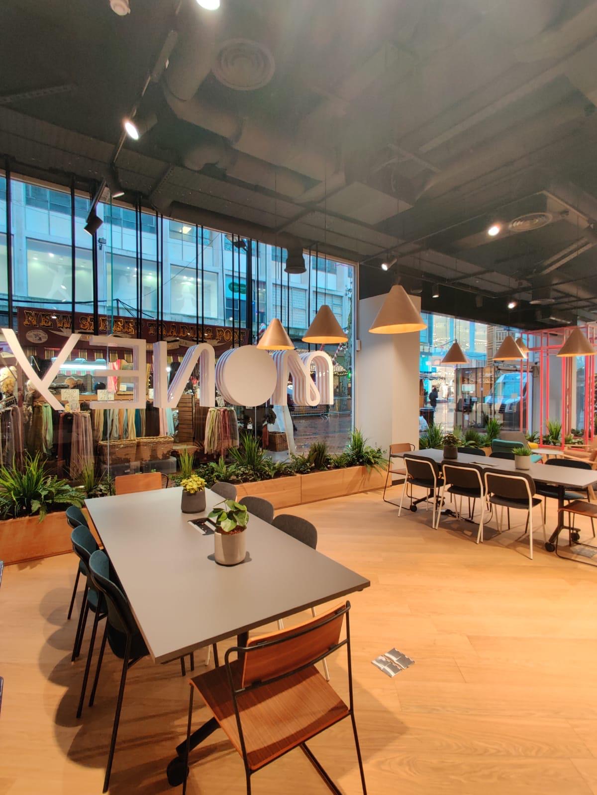 Meeting tables, chairs, collaborative space, open plan, plants, biophilia
