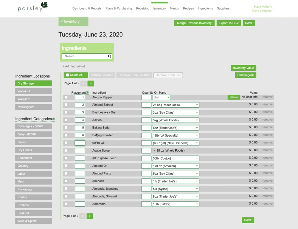 Shelf to Sheet Inventory Parsley Culinary Software for Chefs