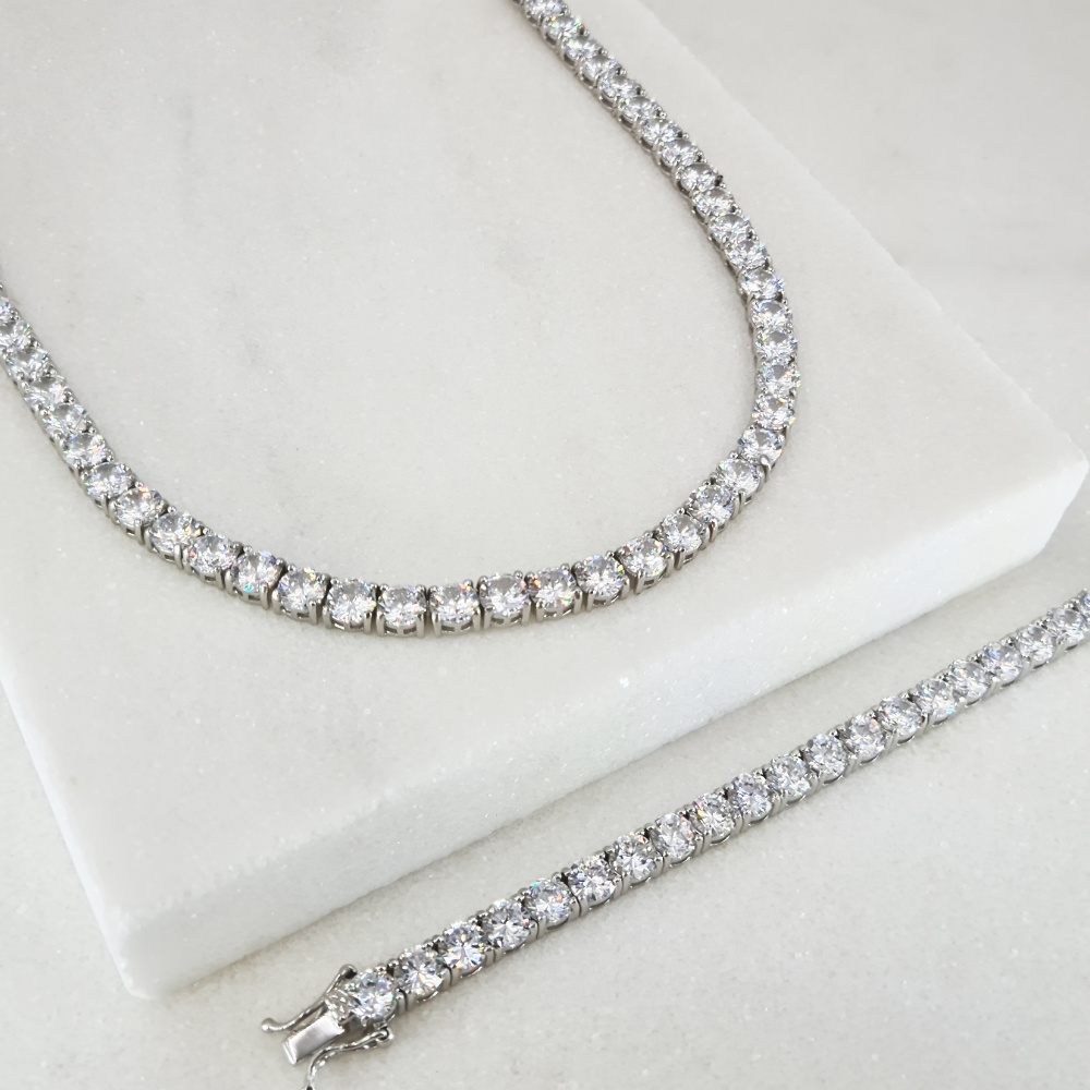 Round Cut Tennis Bracelet and Necklace Set Pars Silver