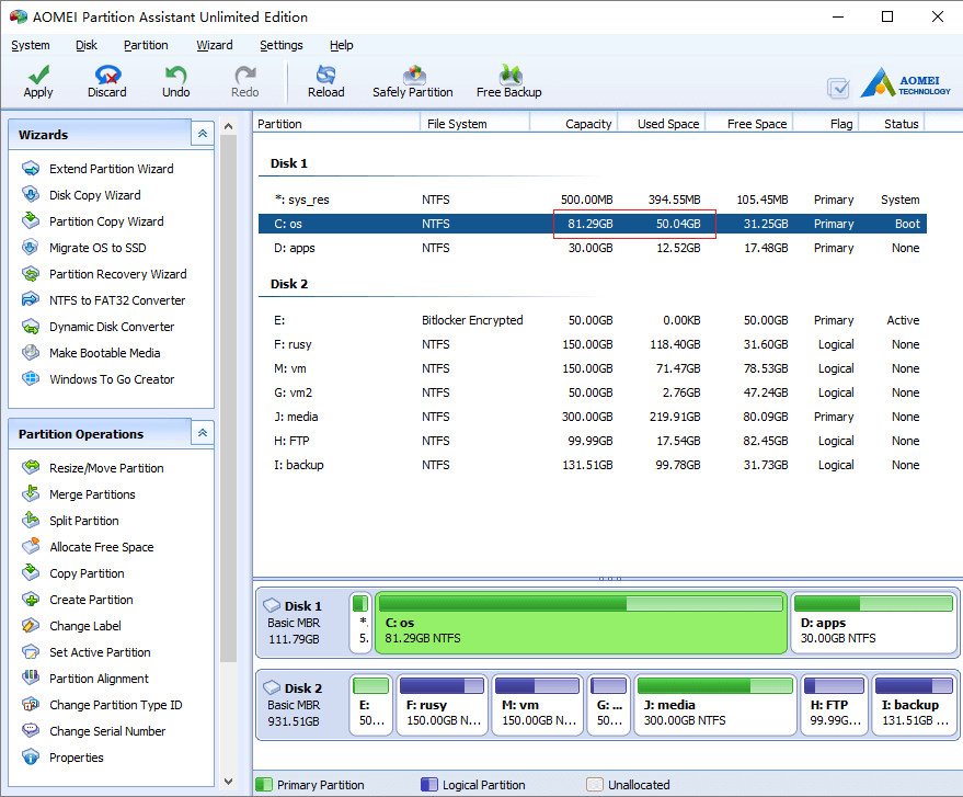 Easily add disk space to C drive without data loss.