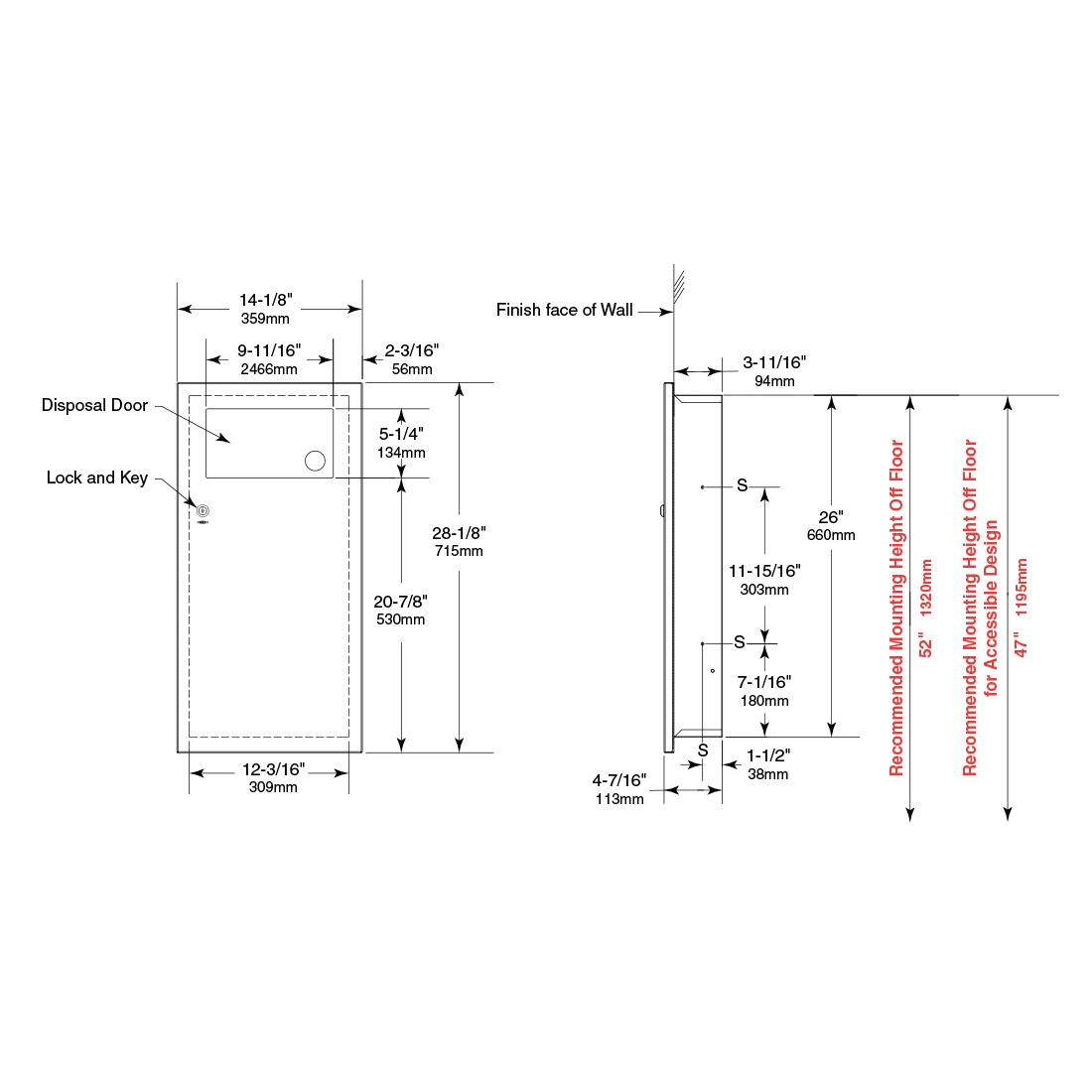 Bobrick Recessed Waste Disp. with Door B35633 Partition Plus