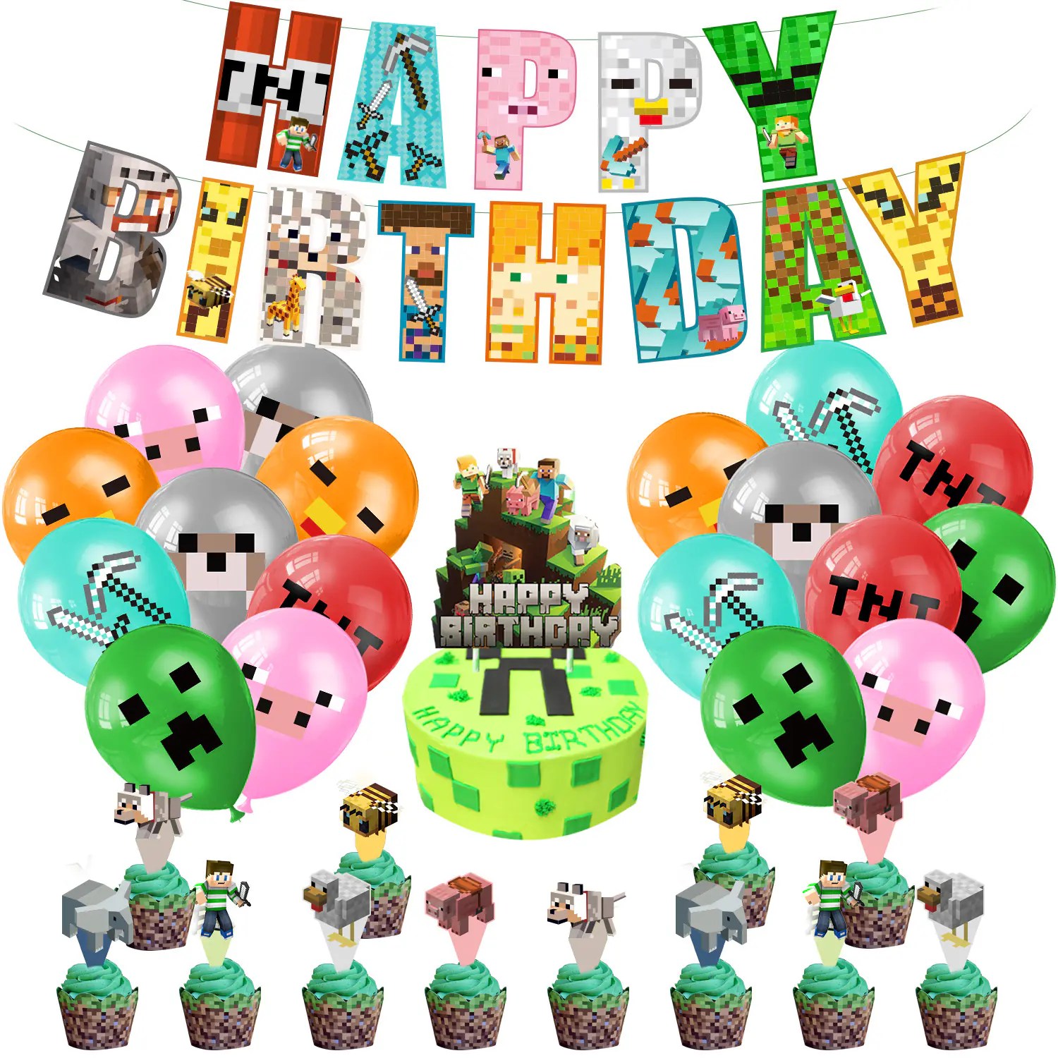 Minecraft Happy Birthday Supplies Bundle Decorations Plates Banner Cake