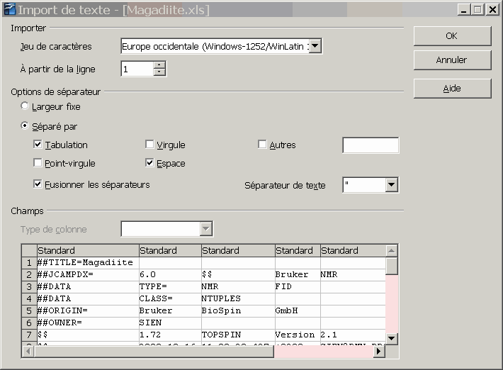 Converting Bruker TopSpin2.1 FID JCAMPDX file to Open Office ods file