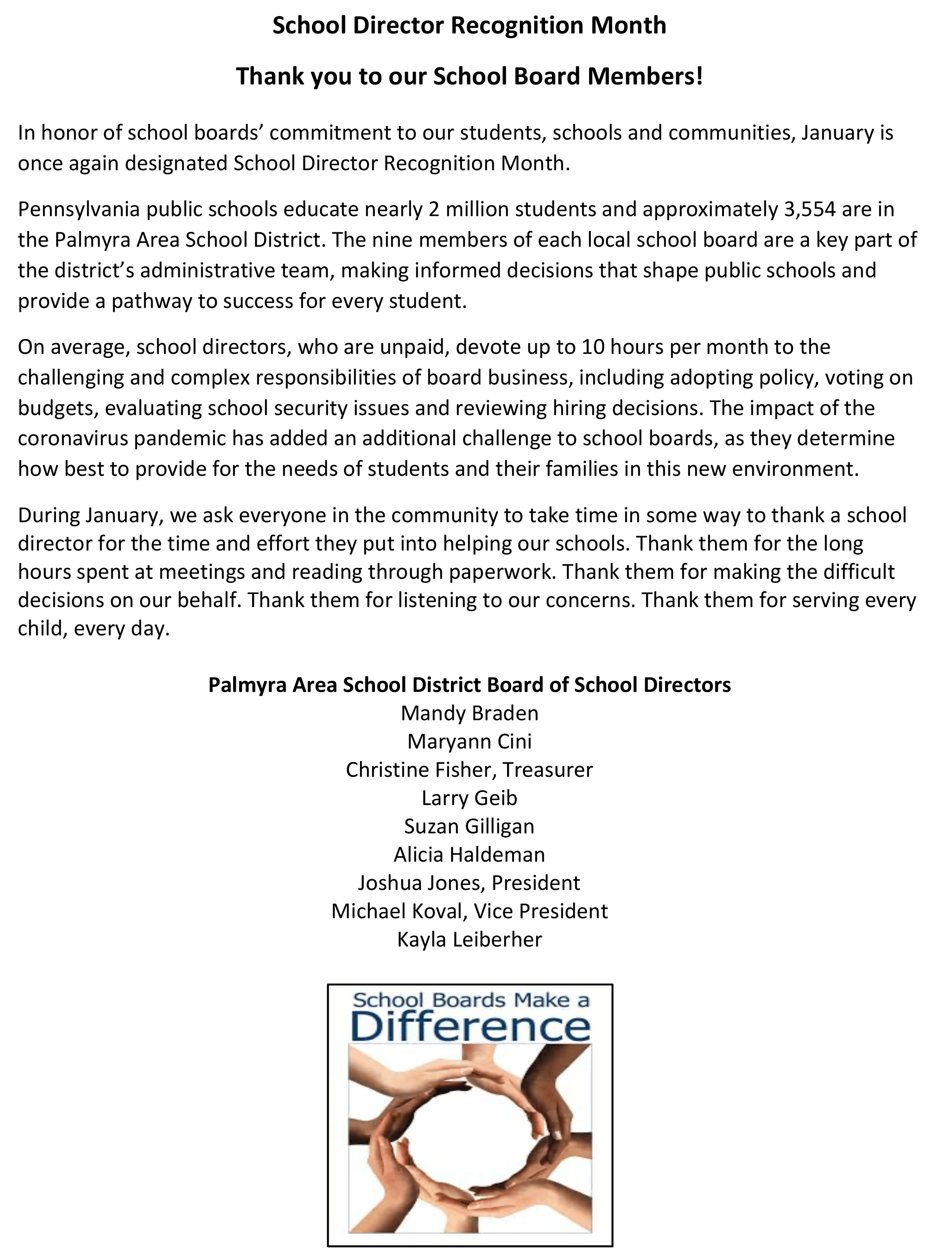 Thank you to our School Board Members!