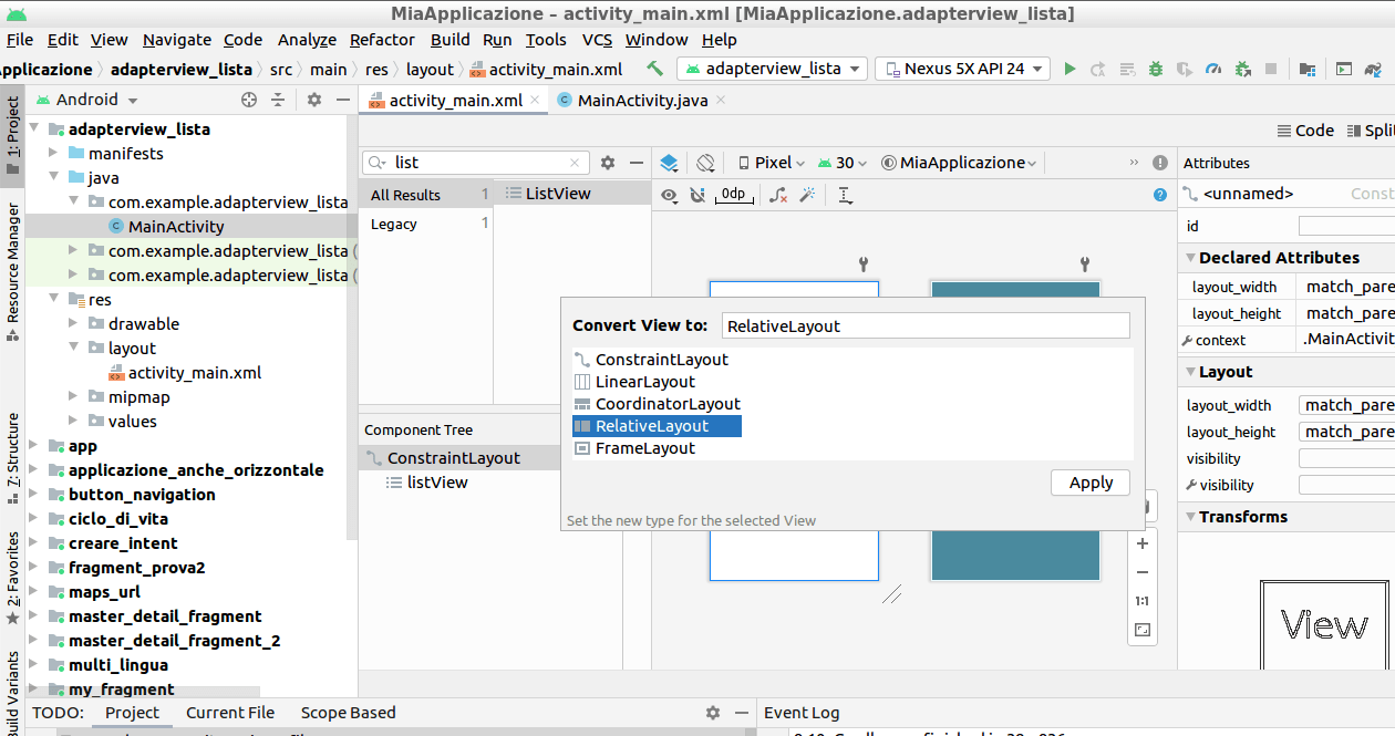 Android Studio Adapter e AdapterView, caricare listView