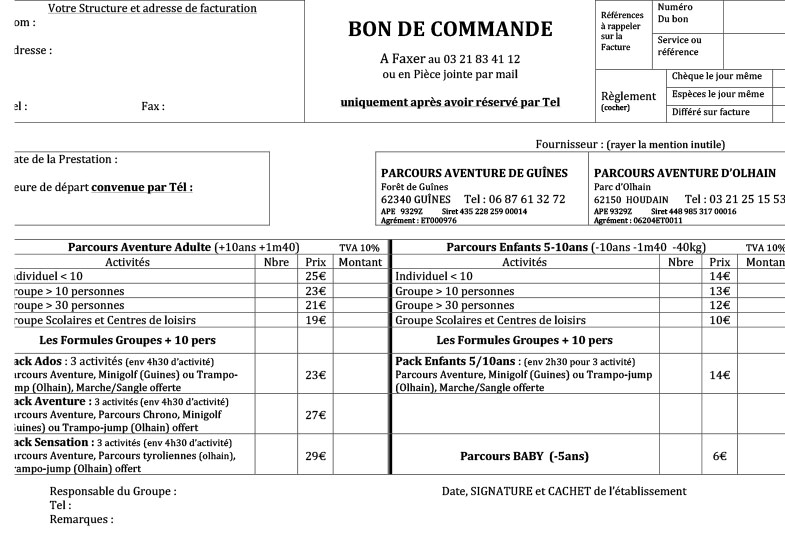 Confirmation de réservation Guines Olhain Parcours aventure