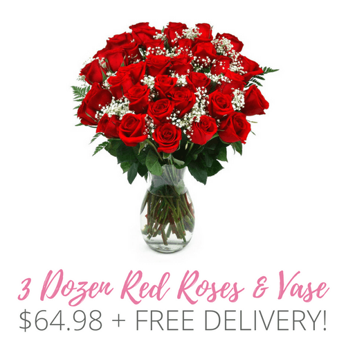 3 Dozen Red Roses + Vase only 64.98 + Free Delivery!