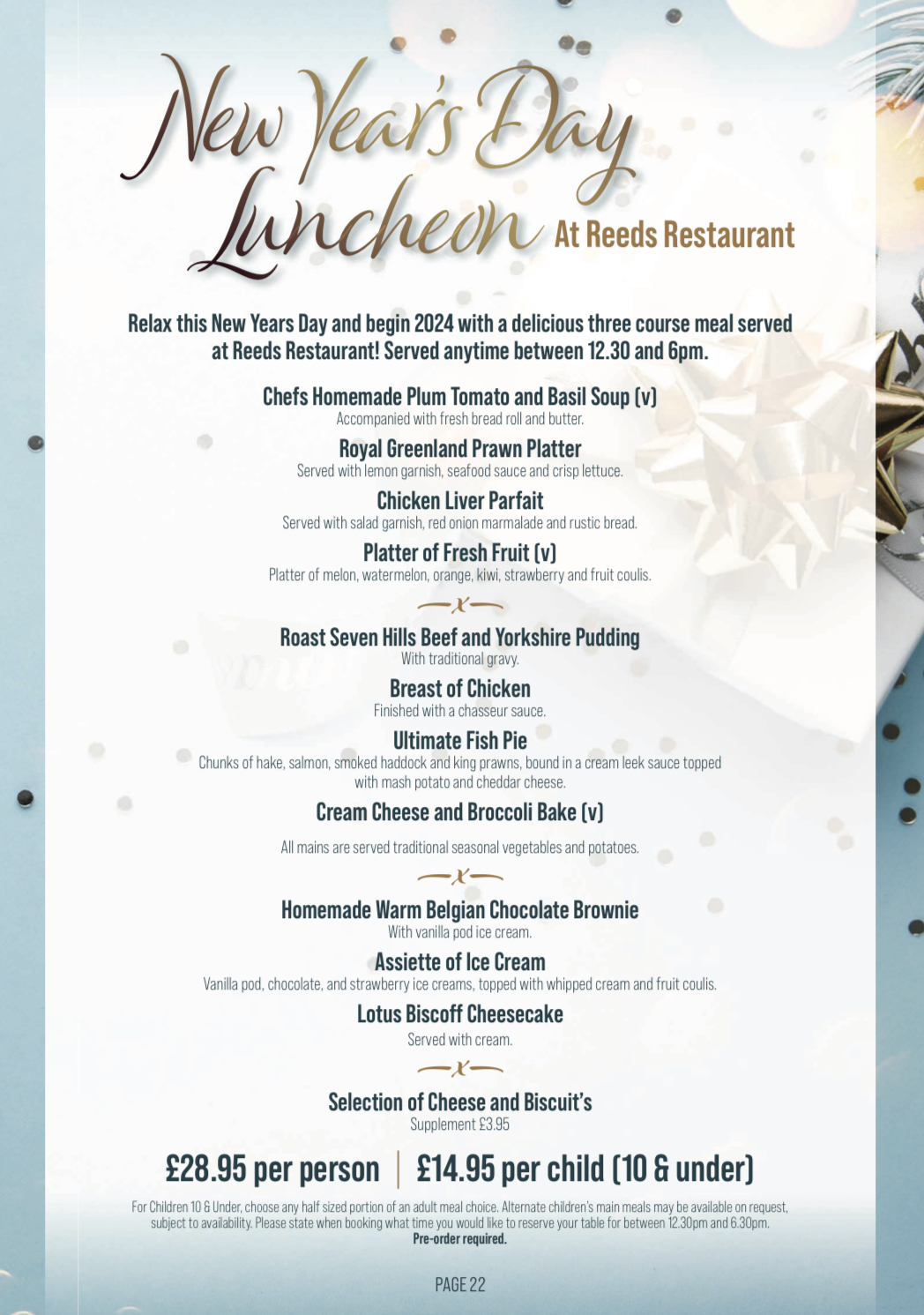 New Years Day 2024 Three Course Luncheon at Reeds Restaurant