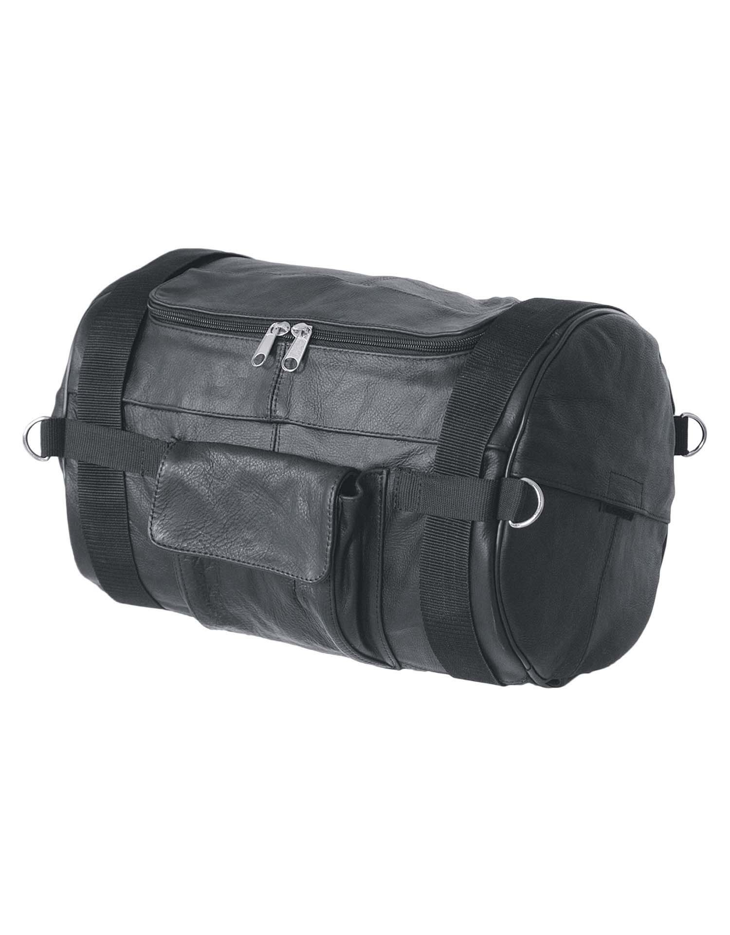 Black Leather Duffel Bag with Rain Cover, 14”W x 10”H