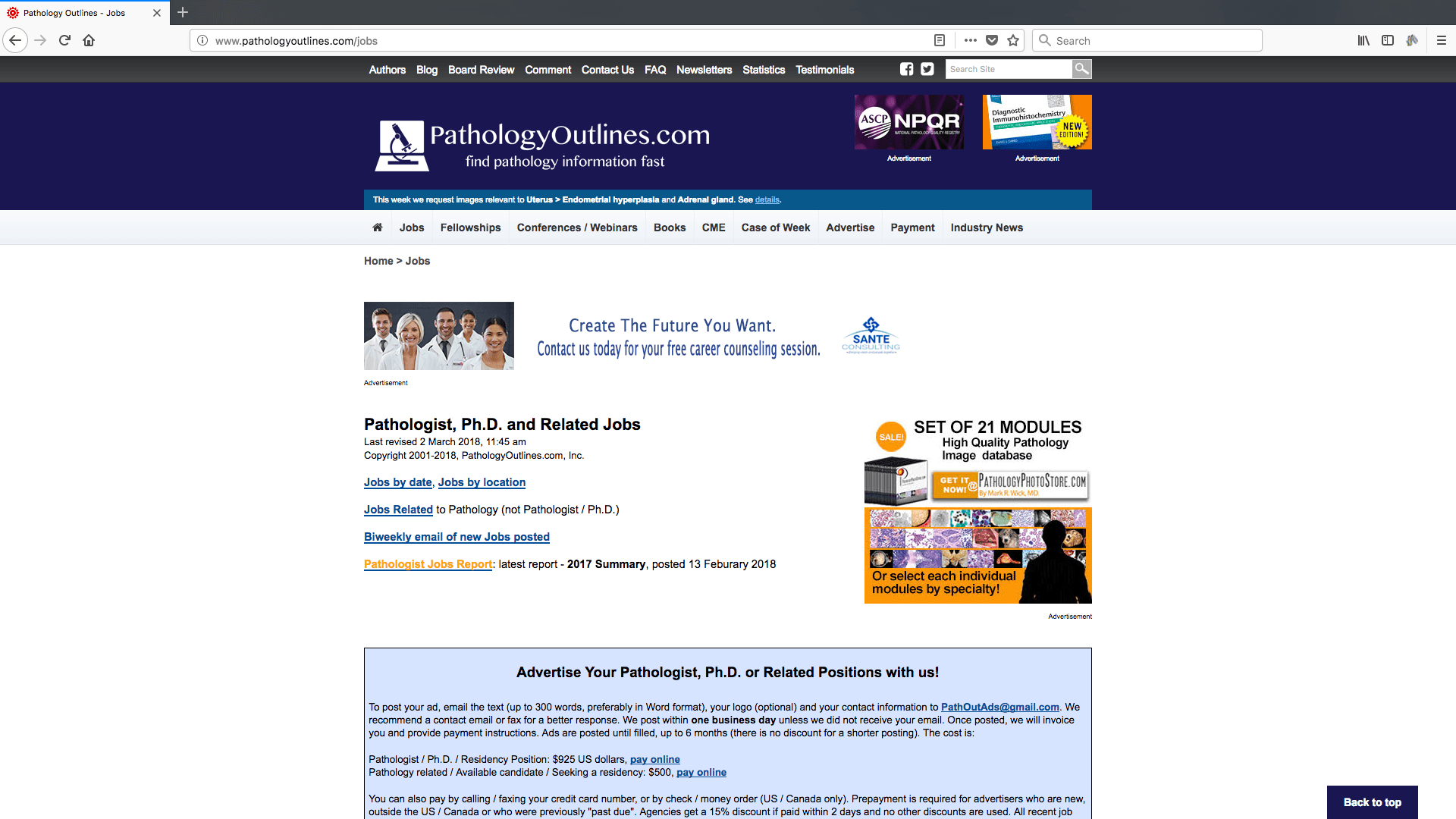 Pathology Outlines Jobs page banner advertising at