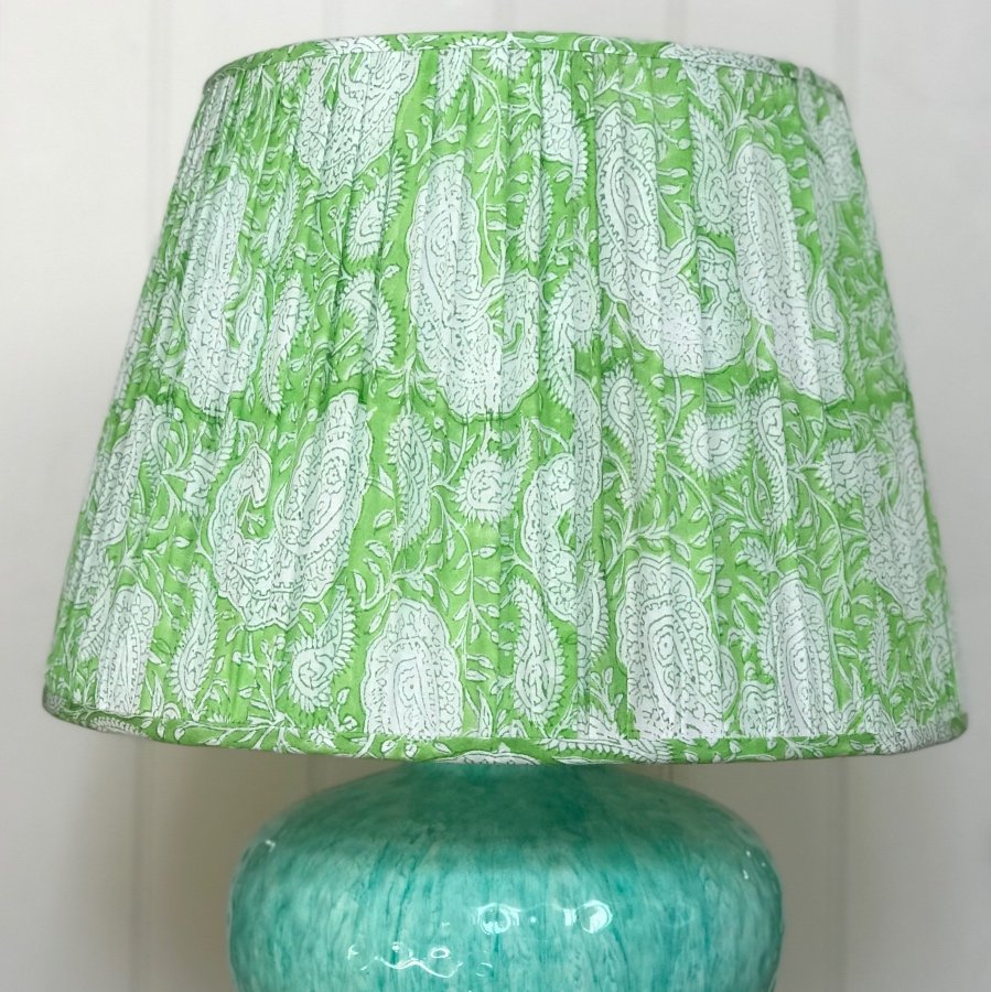 Apple green block printed lampshade from Block & Dye