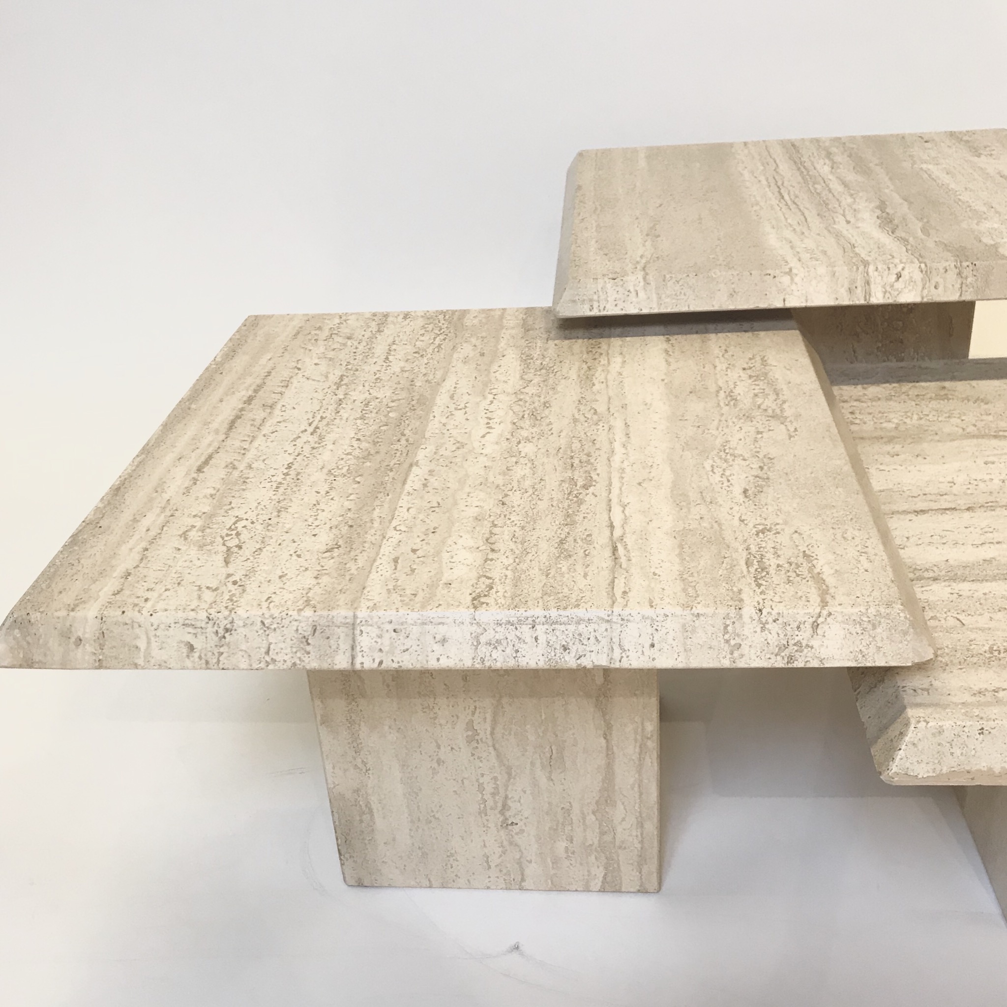 Set of 3 low travertine tables. Circa 1980. Paul Bert Serpette