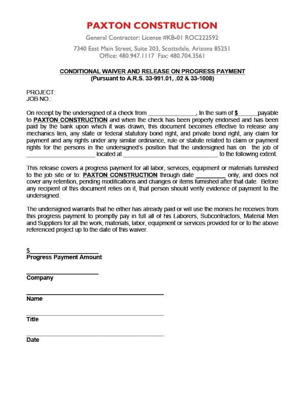 Conditional Progress Waiver Paxton Construction