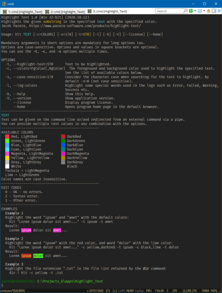 Highlight Text Highlights text in the Windows terminal (console)