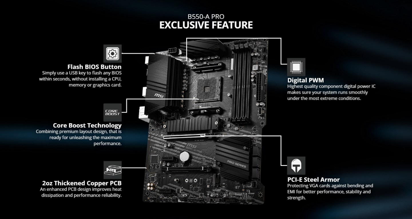 Buy the MSI B550A PRO ATX Motherboard For AMD 3rd Gen 5000 Series CPU