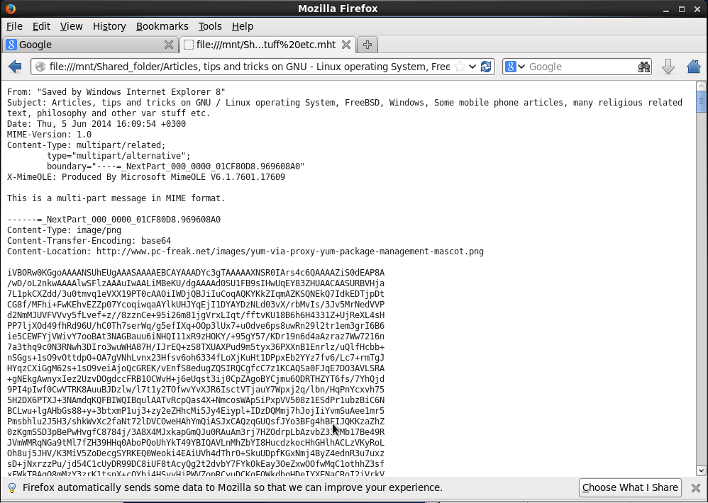 Linux convert and read .mht (Microsoft html) file format. MHT format