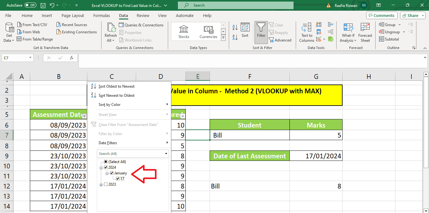 How to use VLOOKUP to find the last value in the column in Excel 3