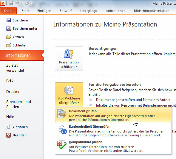 PowerPoint 2010 Private Daten entfernen PCS Campus