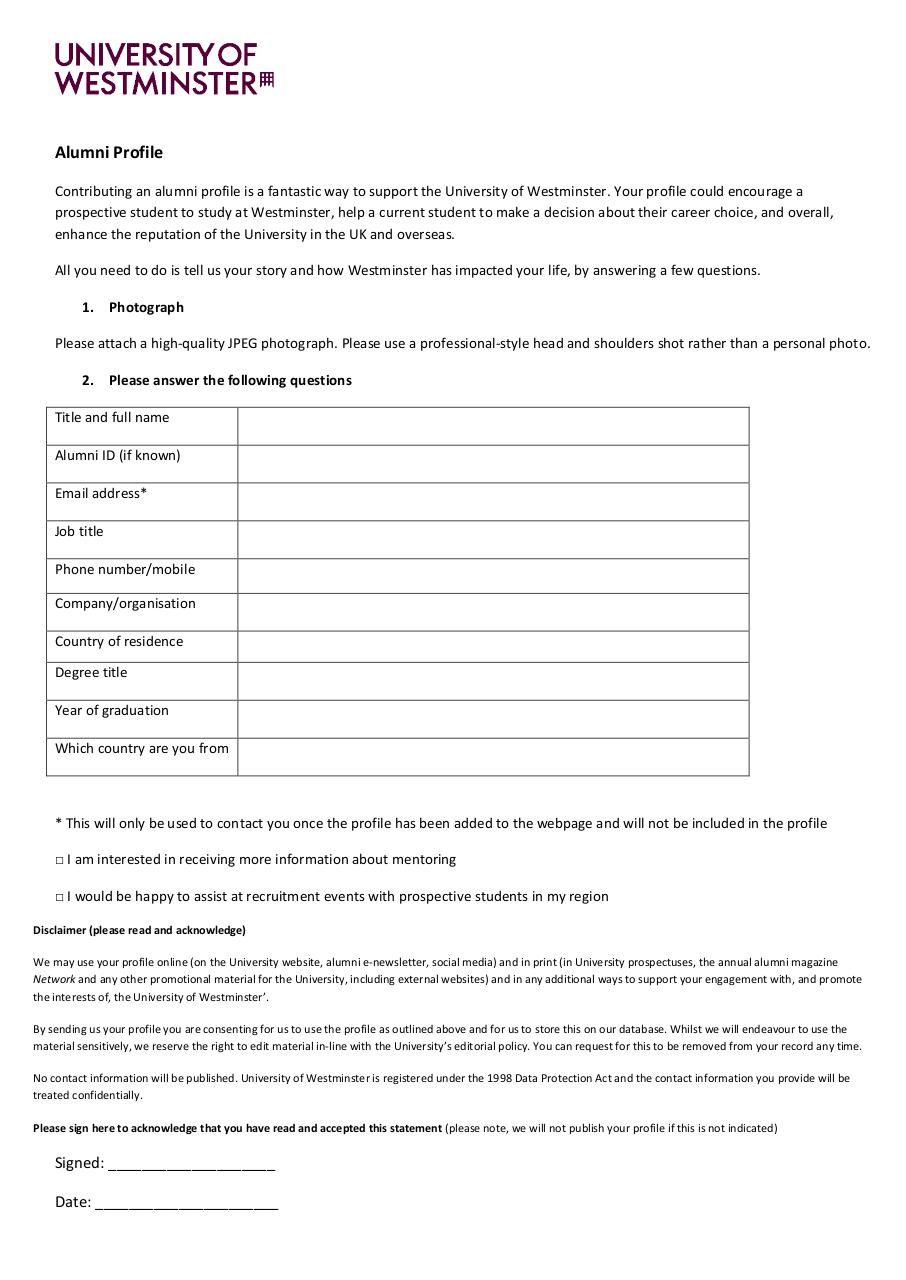 Alumni Profile template form by Information Services PDF Archive