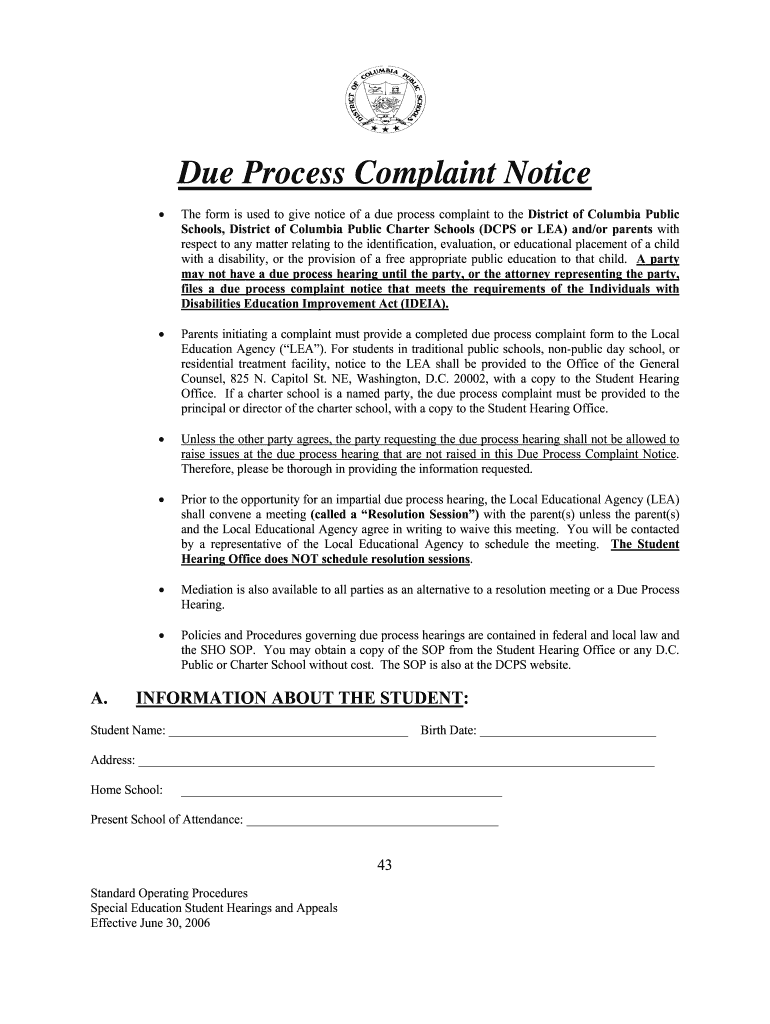 DC Due Process Complaint Notice 20062022 Fill and Sign Printable