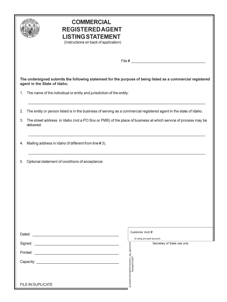 COMMERCIAL REGISTERED AGENT LISTING STATEMENT sos idaho Fill out