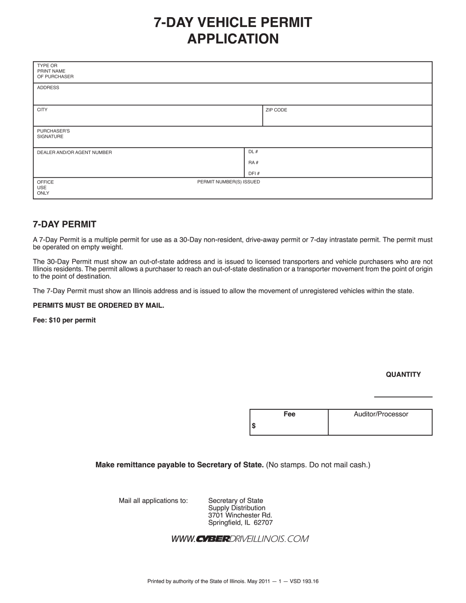 7 Day Permit Illinois Download Fillable template free