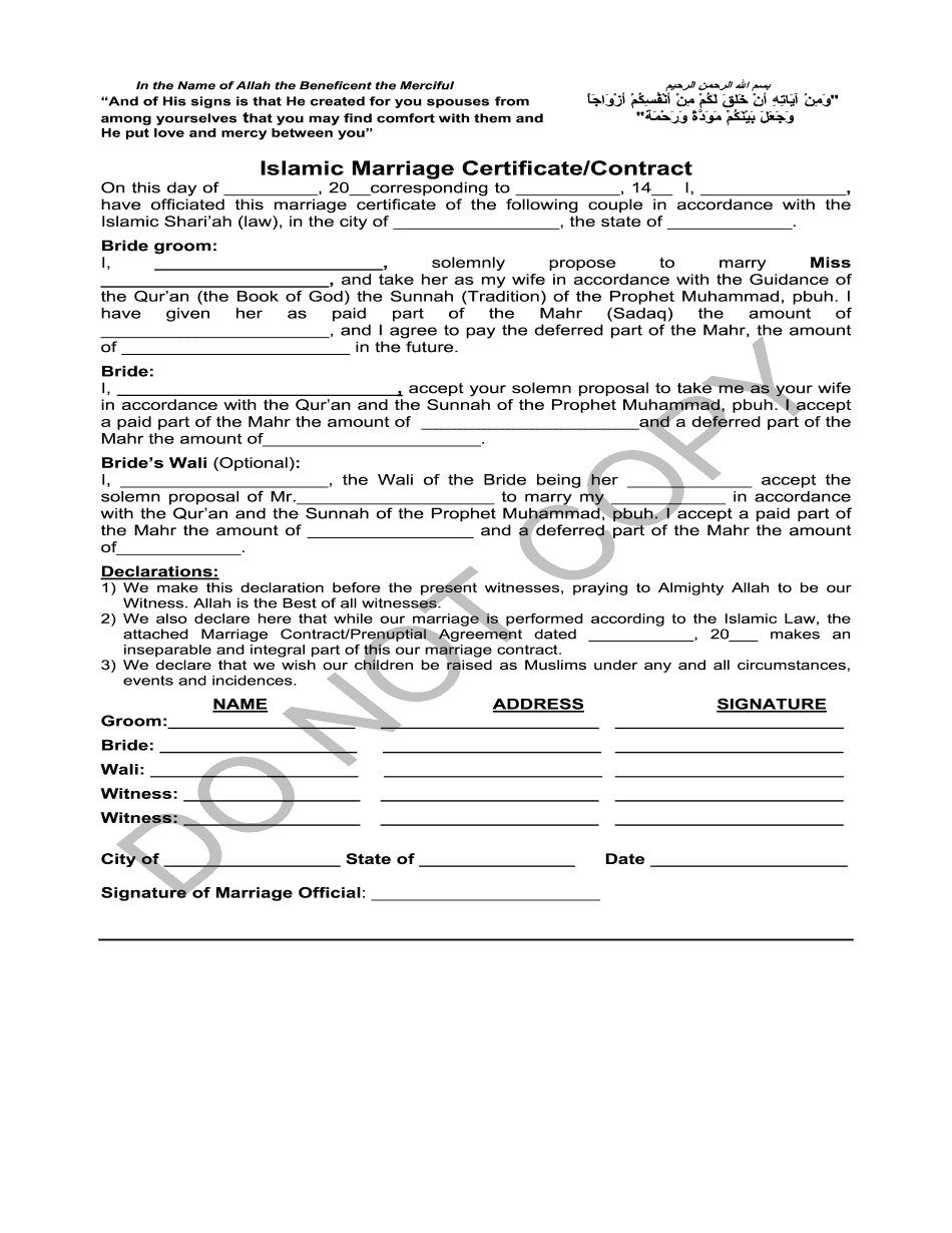 Islamic Marriage Certificate Printable Blank PDF Online