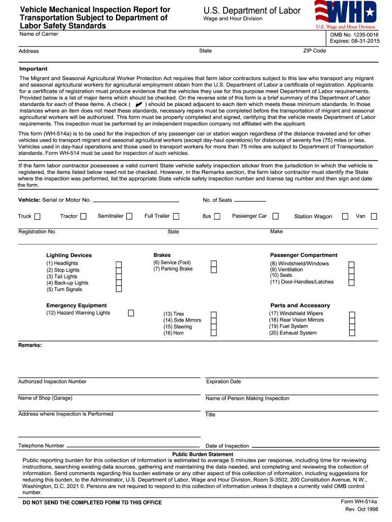 DoL WH514a 1998 Fill and Sign Printable Template Online US Legal Forms