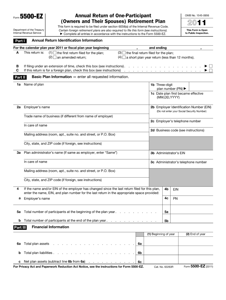 2011 Form IRS 5500EZ Fill Online, Printable, Fillable, Blank pdfFiller