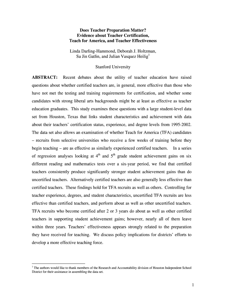 Teacher Certification, Teach for America, and Teacher Effectiveness