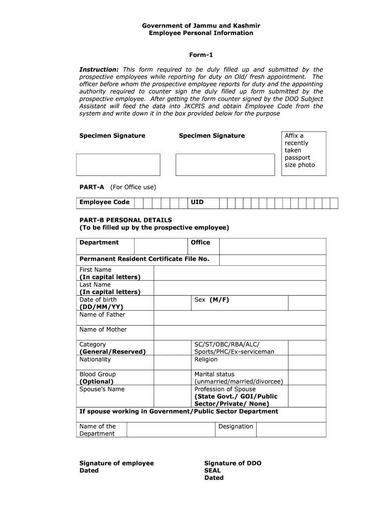 IN Jammu and Kashmir Form1 Fill and Sign Printable Template Online