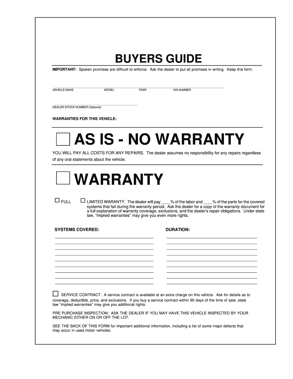 Buyers Guide Warranties for Vehicle Form Printable Blank PDF Online