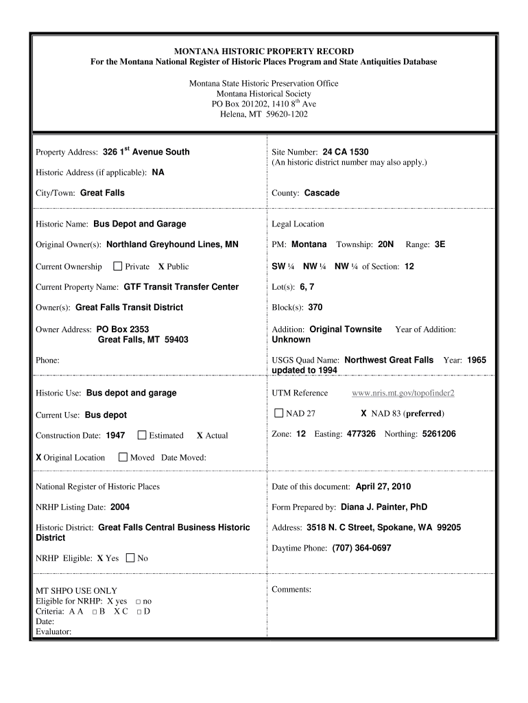 MONTANA HISTORIC PROPERTY RECORD For the Montana Fill out & sign online DocHub