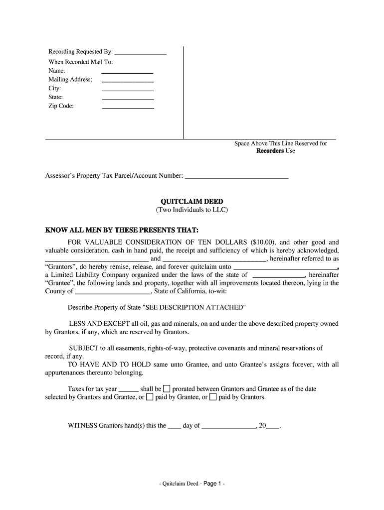 California Quitclaim Deed by Two Individuals to LLC pdfFiller