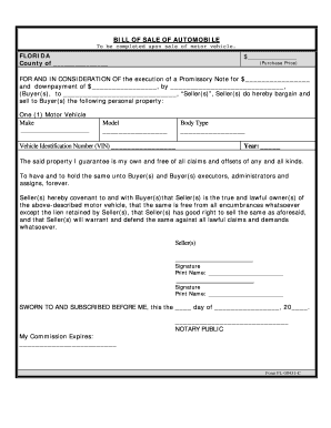 Florida Motor Vehicle Bill Of Sale Form Templates - Fillable