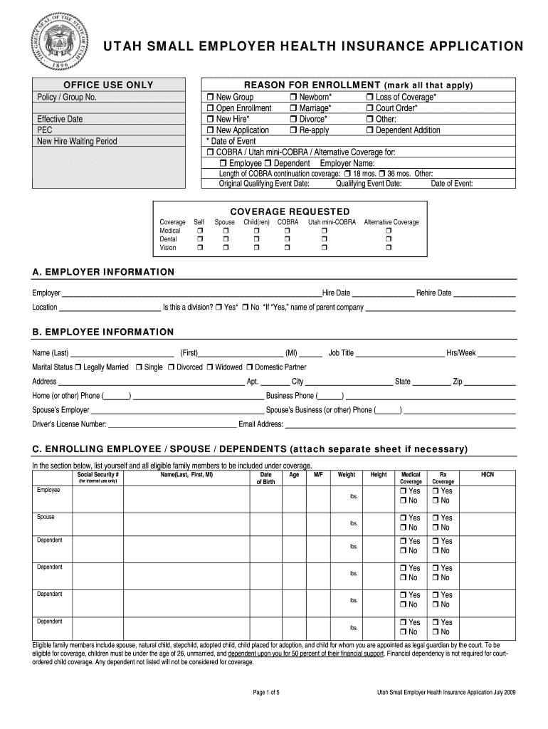 UT Small Employer Health Insurance Application 2009 Fill and Sign