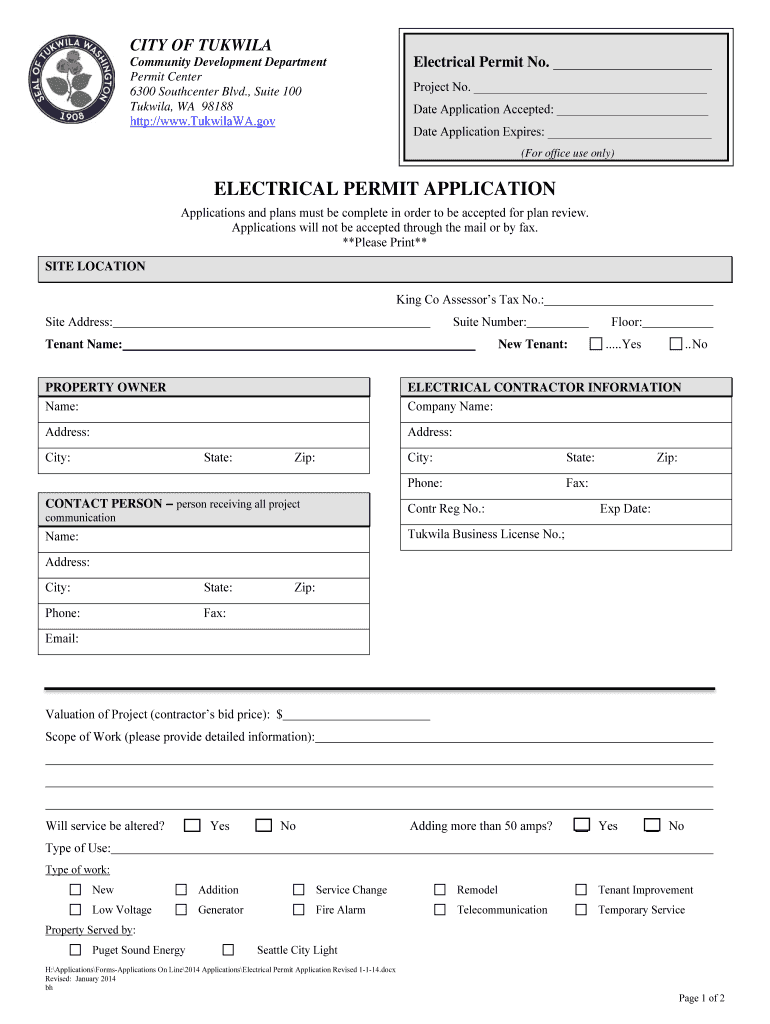 2014 Form WA Electrical Permit Application City of Tukwila Fill