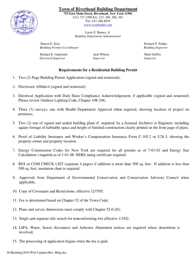 2010 Form NY Residential Building Permit Application Town of Riverhead Fill Online, Printable