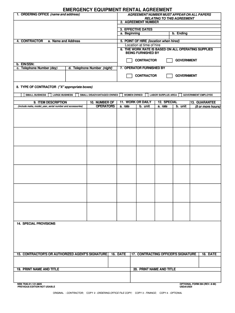 Emergency Equipment Rental Agreement USDA Forest Service Fill and