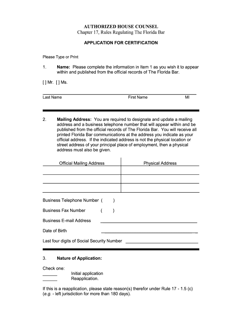 Florida Bar House Counsel Fill Online, Printable, Fillable, Blank