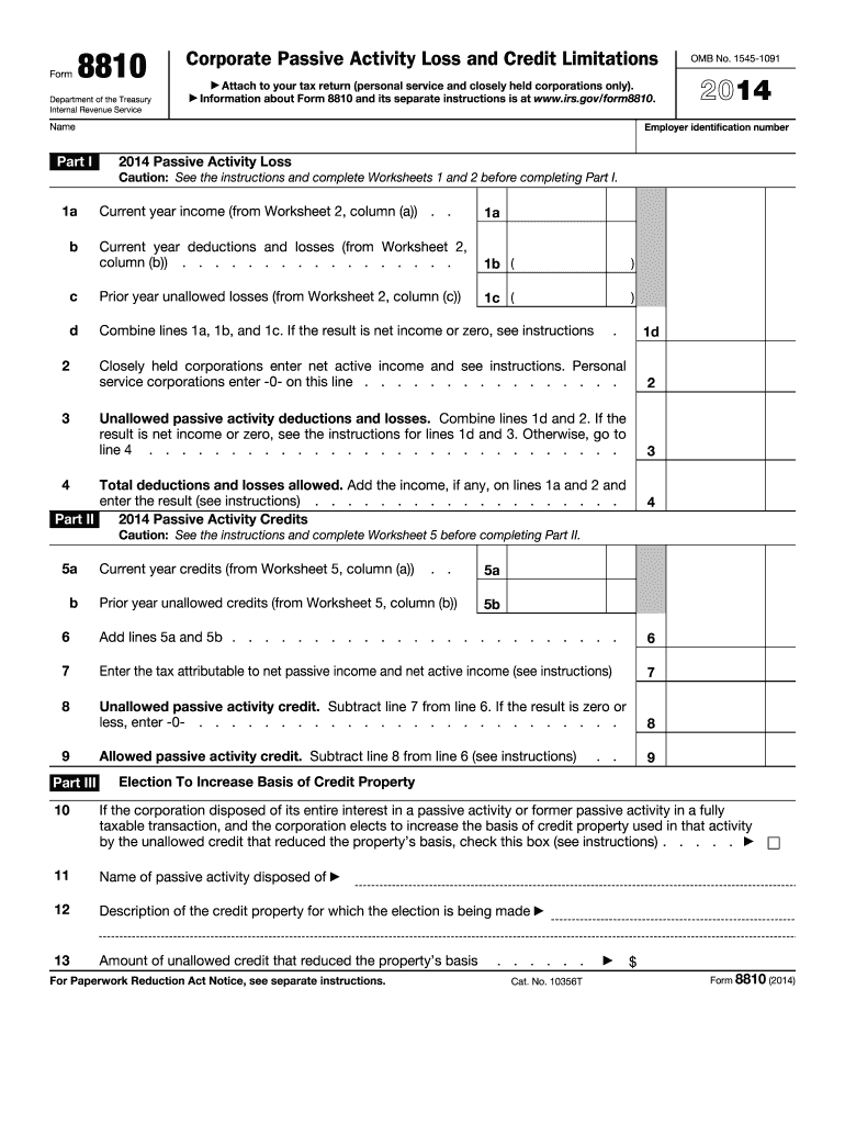 2014 Form 8810 Corporate Passive Activity Loss and Credit Limitations