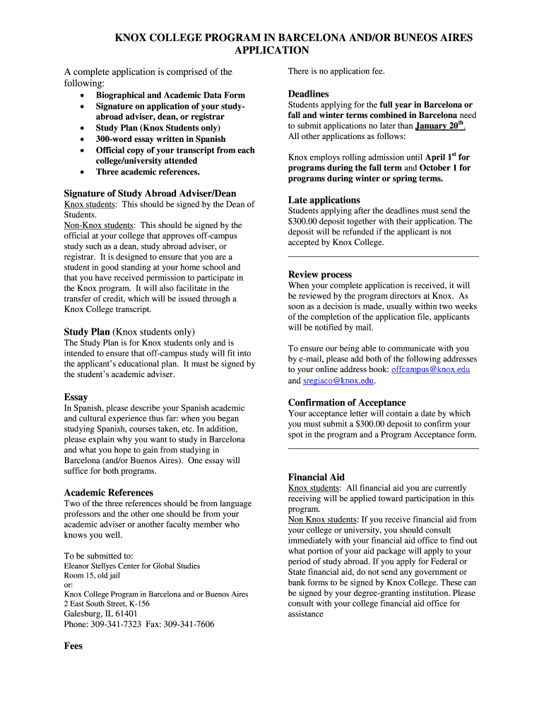 Fillable Online knox Application Form Knox College knox Fax Email